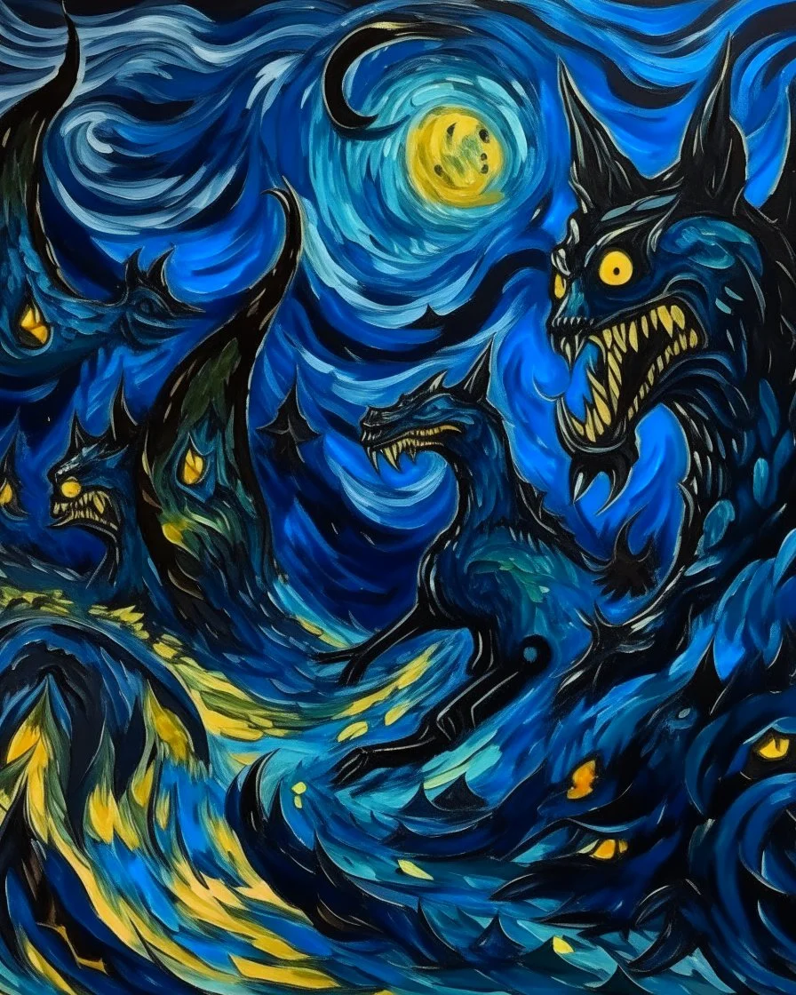 A dark blue demonic realm with jagged shapes painted by Vincent van Gogh