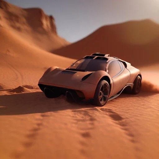 3d rendering. futuristic car. Buried in desert sand. Lost in Time, dramatic lighting, hyper realistic, cinematic lighting