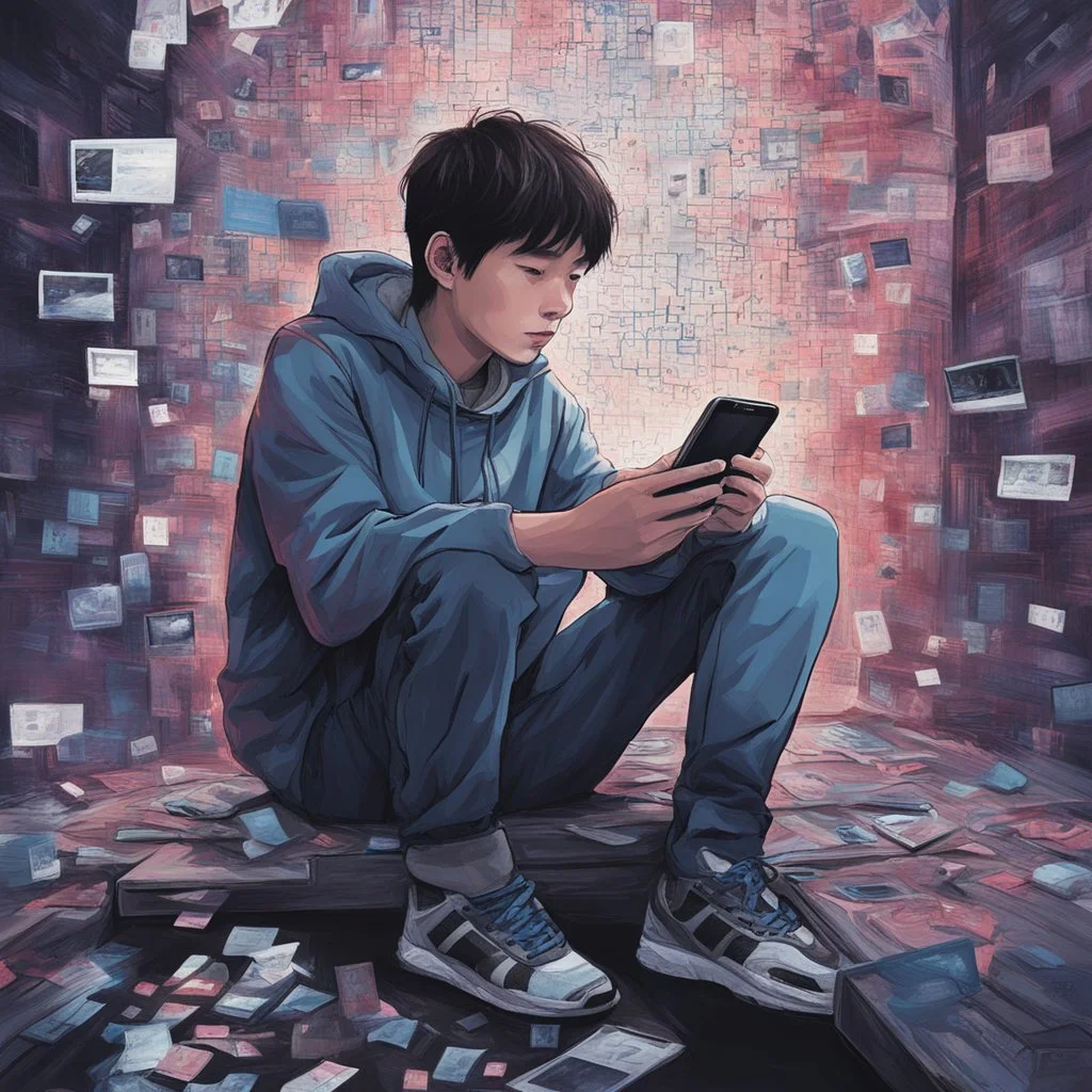 **Cinematic Illustrations:** A young person sits mesmerized by a smartphone screen, bombarded with radicalizing messages disguised as entertainment. The fractured visuals represent the manipulation of online algorithms and the vulnerability of individuals. **Appearance:** cinematic portraits while lacking visuals, aim to be mesmerizing through their metaphorical storytelling, intuitive through clear representation of complex ideas, persuasive through their emotional impact, intriguing through t