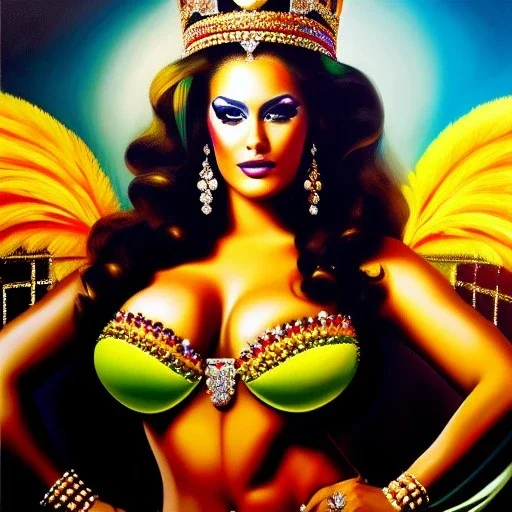 portrait of busty beautiful 'queen Carnival Rio de Janeiro', painting by simon Bisley , oil on canvas, cinematic composition, extreme detail,fit full head inside picture,8k