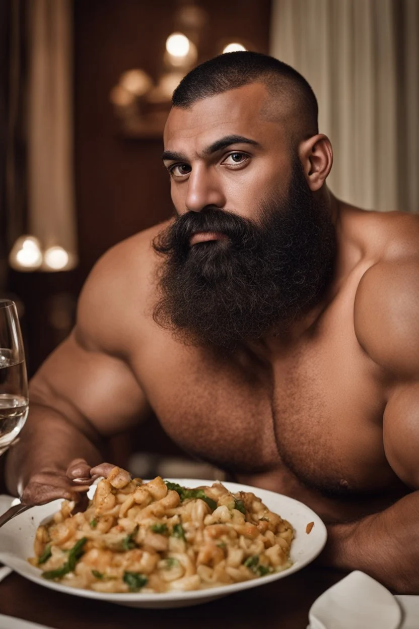 full figure shot photography of a burly ugly 30 year old italian boxer with big broken nose, very long muslim black beard, muscular beefy man shirtless, manly chest, big shoulders, shaved hair, bulge, in a modern dinner room, photorealistic