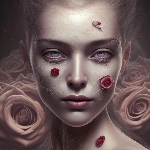 portrait of woman lying on satin pilow with closed eyes and cobwebs on her face, hands crossed on chest holding roses, 8k, high-quality, fine-detail, intricate, sharp, crisp, digital art, detailed matte, illustration, octane render, brian froud, howard lyon, Anne Dittman, Anne Stokes, Lisa Parker, Selina French