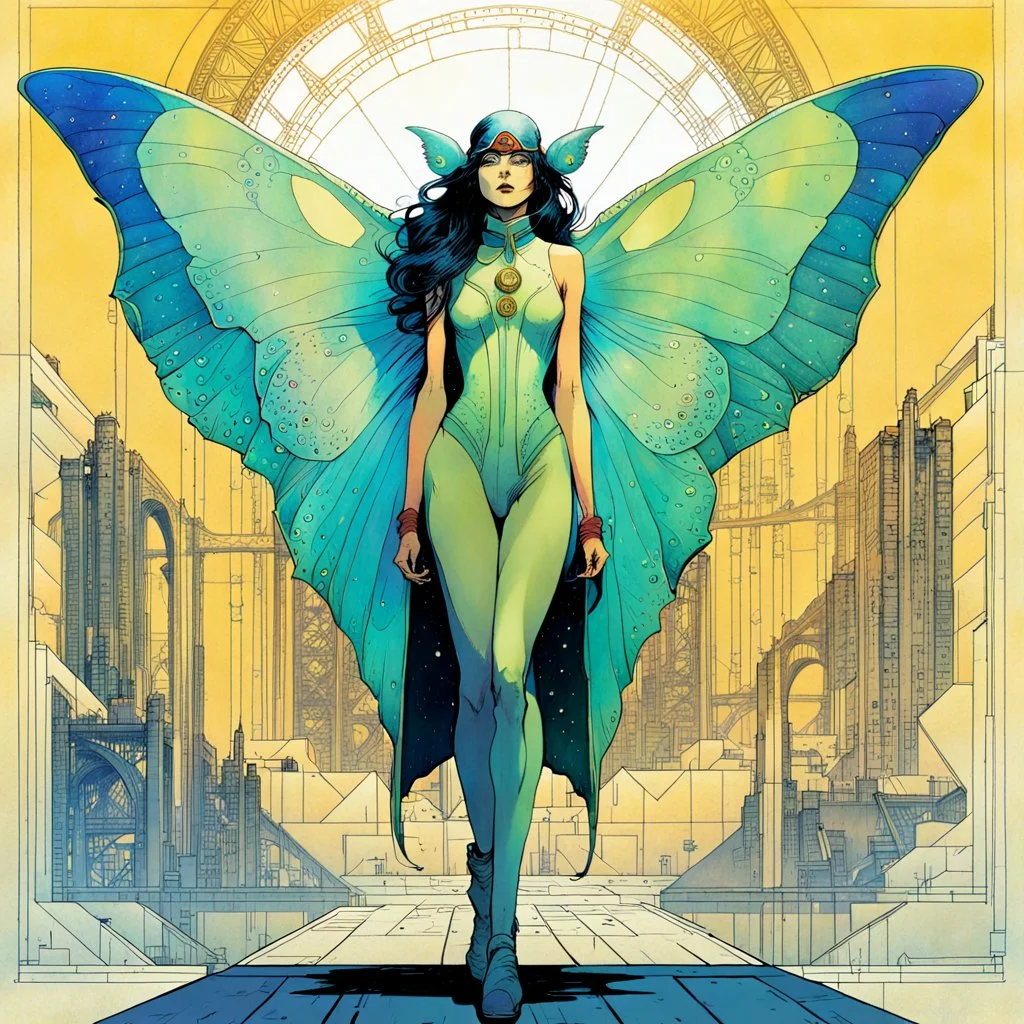 Hand drawn technical,full body portrait illustration , with detailed blueprints and engineering schematics of a walking Luna moth insect girl, in the comic book art style of BILL SIENKIEWICZ and JEAN GIRAUD MOEBIUS, with highly detailed facial features, drawings, and technical notation, 8k, vibrant natural colors