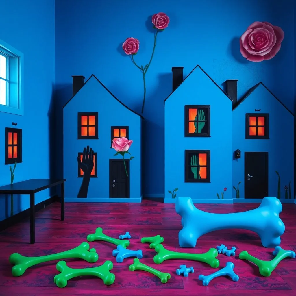Fotografia di salotto blu weirdcore dai colori vivaci. Le case sono dipinte di nero chiaro con g stilizzate e dettagli come mani. Ci sono rose con finestrelle quadrate, che danno un senso distopico e molto surreale. Sul pavimento alcune ossa verdi e altre blu, disposte in modo casuale. L'atmosfera generale sembra noiosa e onirica, con un contrasto tra elementi reali ed elementi dipinti