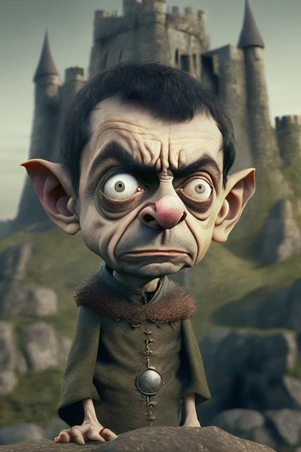 mr bean as goblin kid is stone castle, 4 k, trending art, depth of field