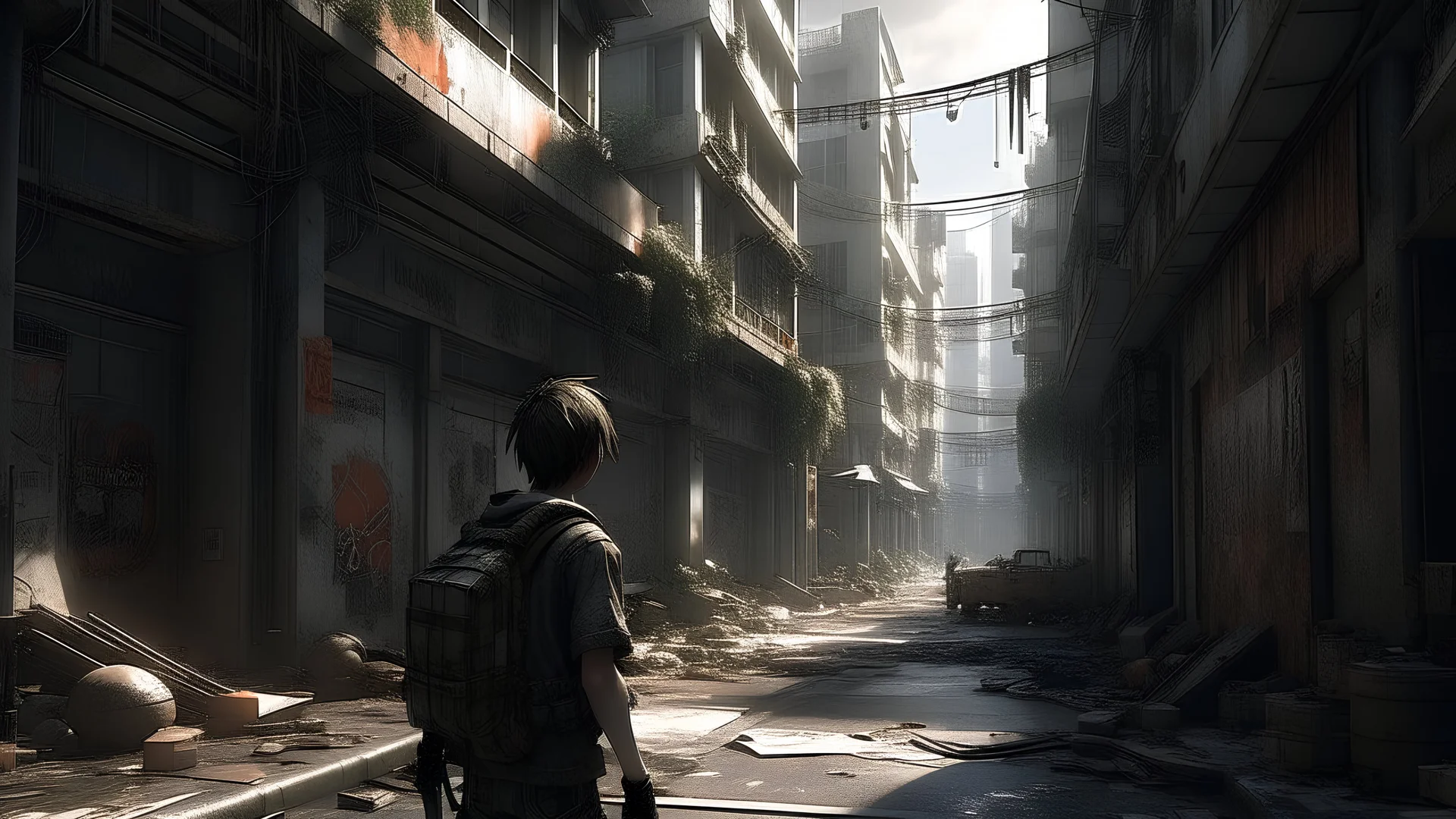 /imagine prompt: realistic, personality: [Illustrate a bustling city plagued by crime and corruption. Buildings are dilapidated, graffiti covers the walls, and people walk with their heads down. The young warrior strides through the streets, his eyes scanning the surroundings, ready to take on any challenges that come his way] unreal engine, hyper real --q 2 --v 5.2 --ar 16:9