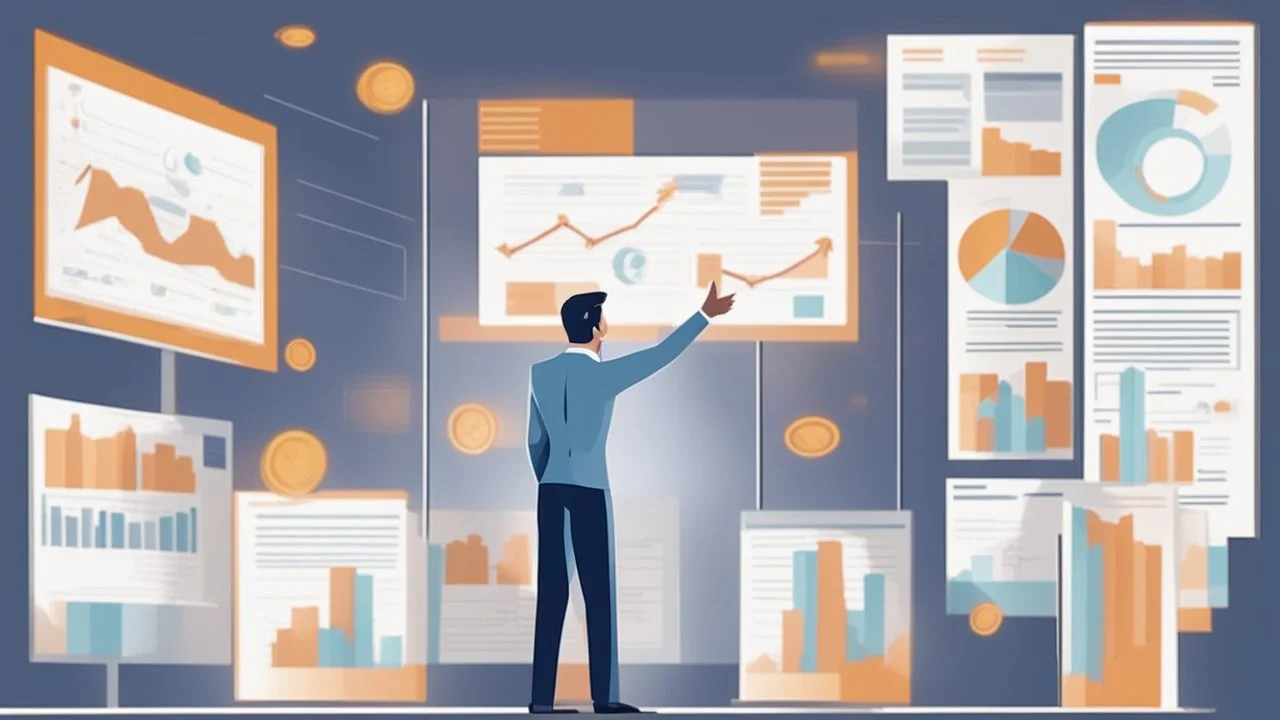 The image represents the success and prosperity of businesses and investments in 2024. It features a confident businessman standing with paper charts and a large screen displaying financial data and profitable projects. The image reflects a promising future vision for business and investment in the coming year, where successful projects can achieve significant financial success.