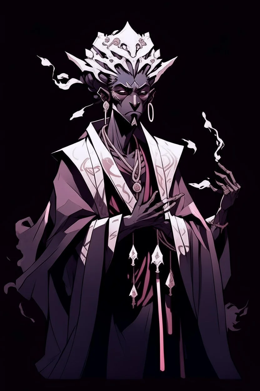 Male Air genasi fra d&d with black skin smoke some hair an Asian skin ghostly appearance with a Smokey undertone