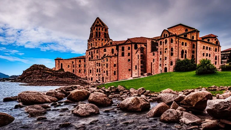 stone and brick monastery on a rocky shore