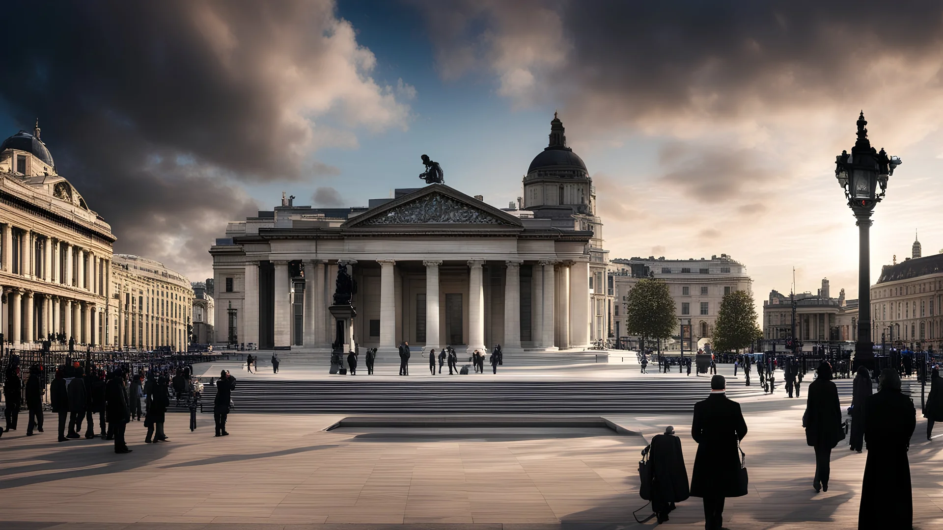 2159. Trafalgar Square in London in a parallel universe, fantasy, magic, futuristic, beautiful lighting, attractive composition, photorealistic, extremely detailed, chiaroscuro