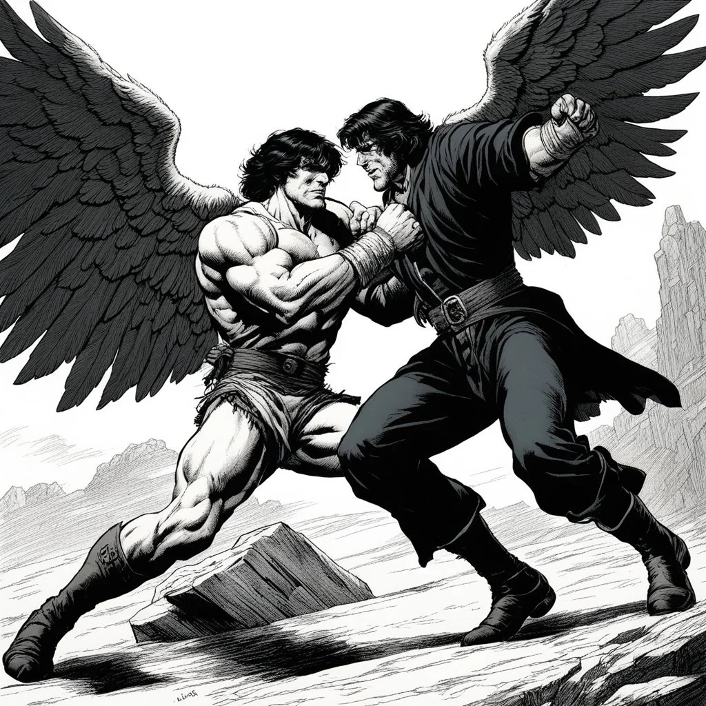 [comic book art by Sam Keith and Bernie Wrightson] Jacob wrestling with angel
