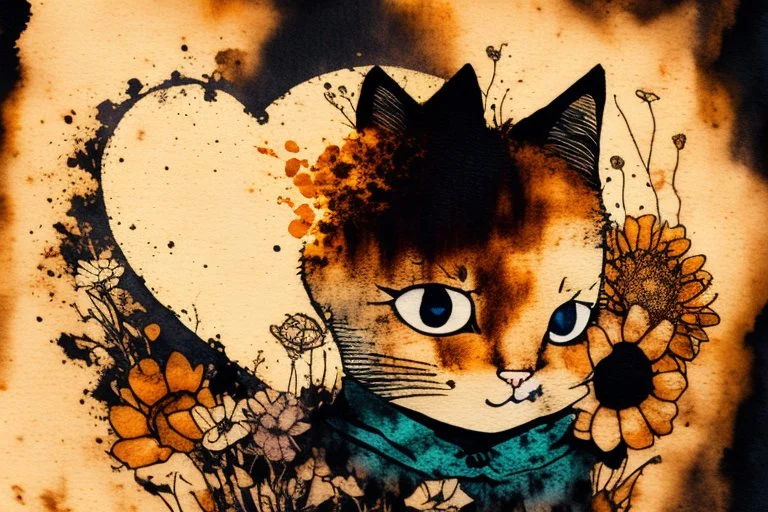 good night picture in ochre, double exposure, merged layers, burned burlap, cute chibi anime cat, beautiful surrealistic composition, melting watercolor and black ink on wet paper in sunshine, flowers, heart and love, ethereal, cinematic postprocessing