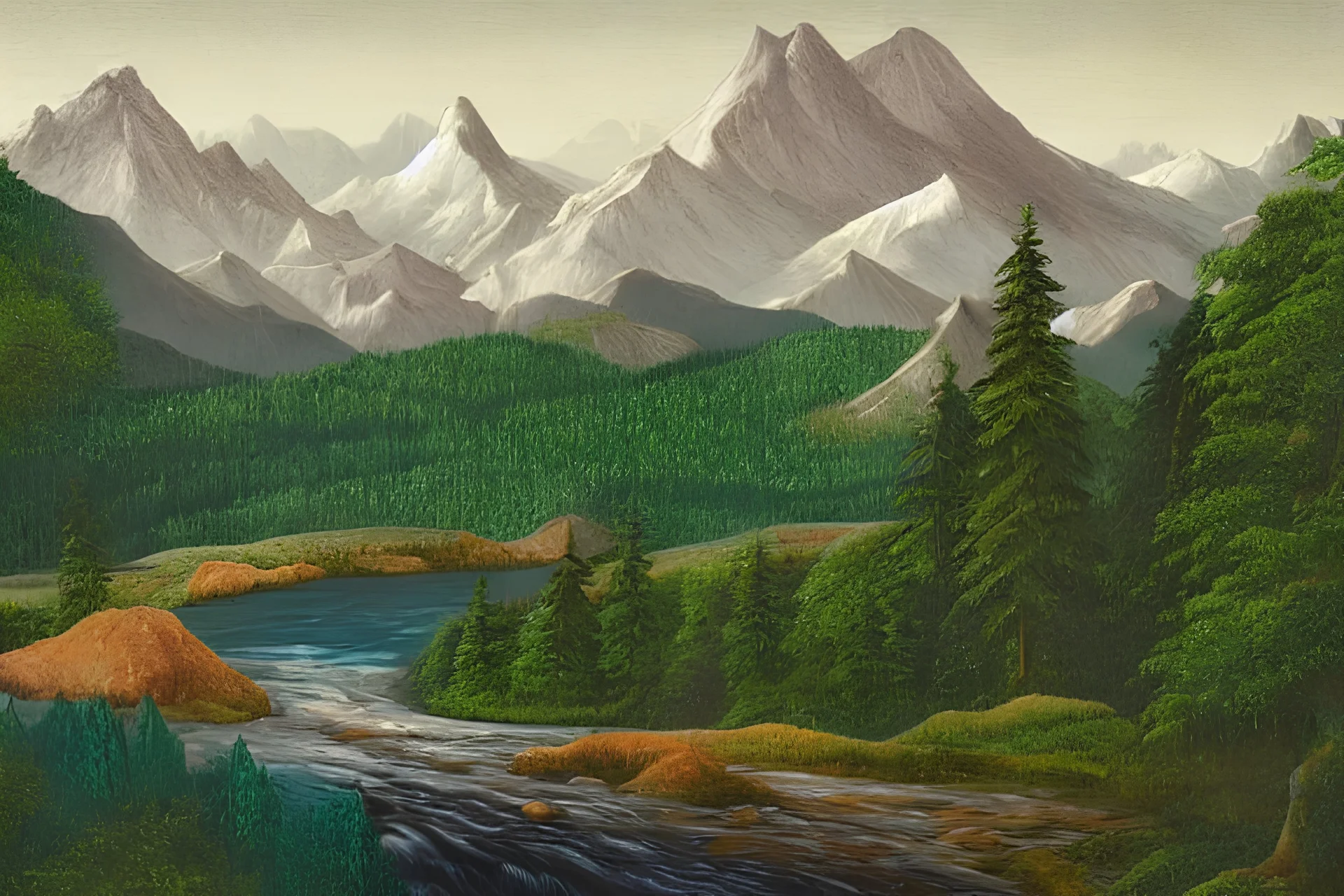 A lush evergreen forest with a mountain in the background and a river running through the middle, surrealism.