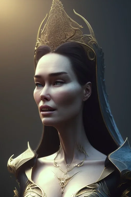 Lena Headey as evil queen in black leather, busty, cleavage, dominatrix, curvy, angry, stern look. character design by cory loftis, fenghua zhong, ryohei hase, ismail inceoglu and ruan jia. unreal engine 5, artistic lighting, highly detailed, photorealistic, fantasy