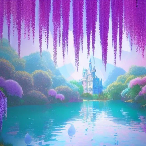 a pink castle, magical crystal pink castel, vertical light, pink and blue wisteria , pink vertical, blue lake,sharp, background vertical blue gradient vertical, elegant, highly detailed, artstation, concept art, smooth, sharp focus, illustration, 8k, splash art, wallpaper, key visual