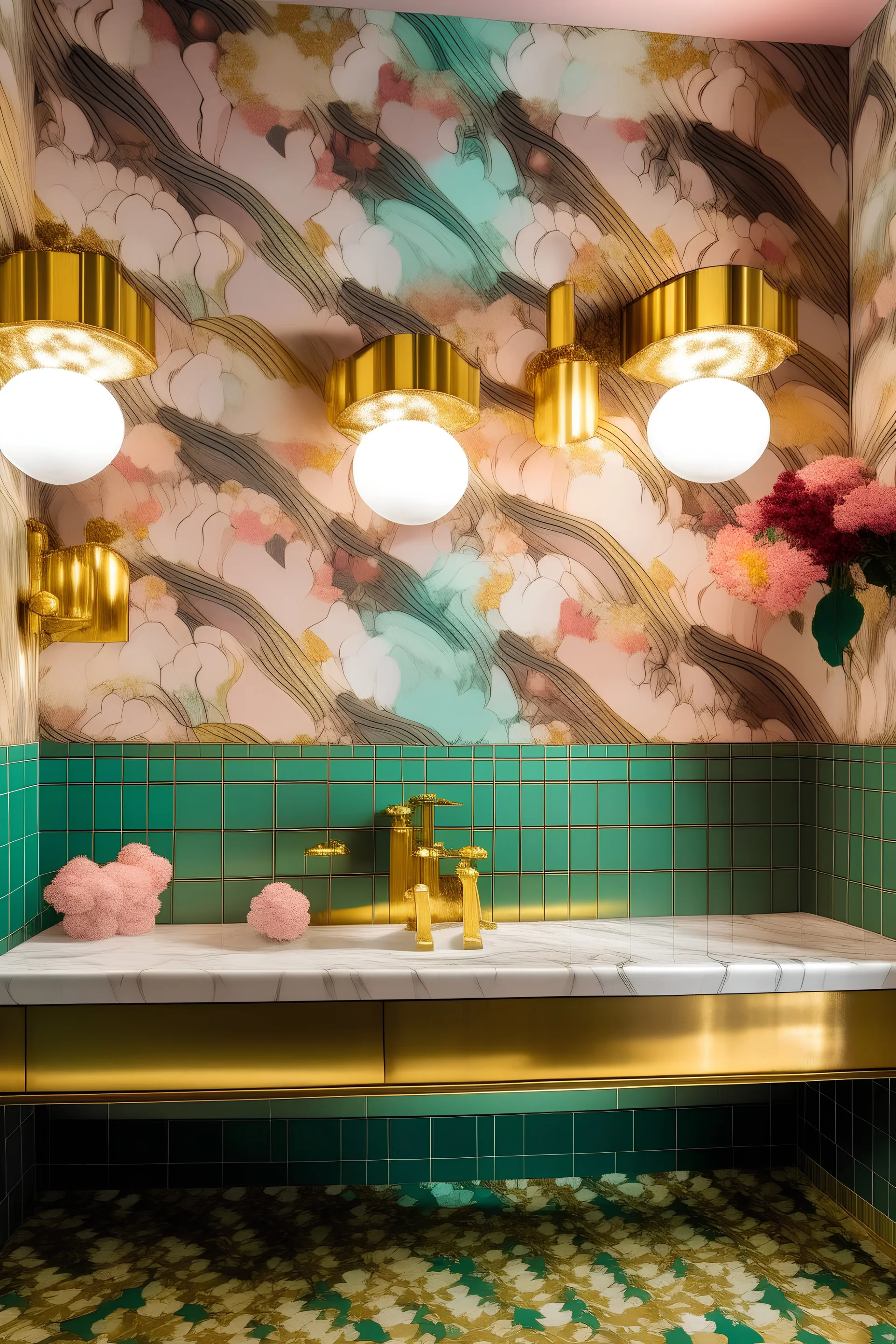 Marble hues ripple with golden splatters and street lighting in a room with a flowery ceiling