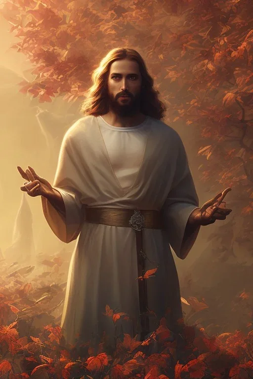 Jesus portrait at dawn by atey ghailan, hands behind back, golden light , white robe, holding leaves and flowers , angels background, volumetric light, high detail, red leaf tree, mountains in background, perfect