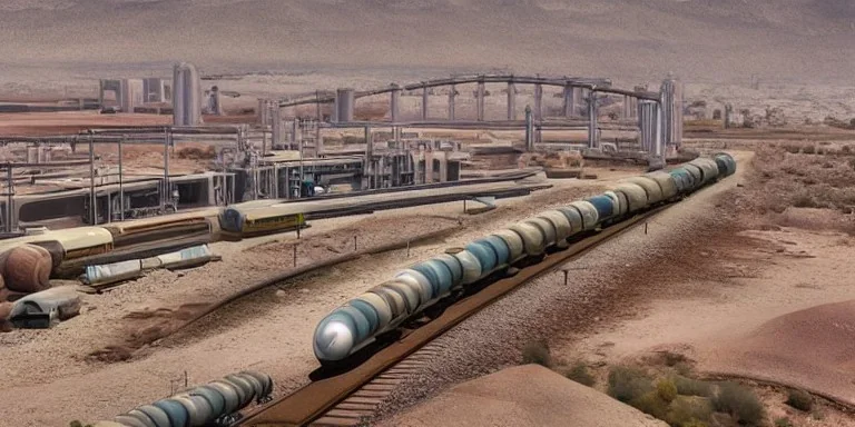 Futuristic Oil Industy with Trains in Desert