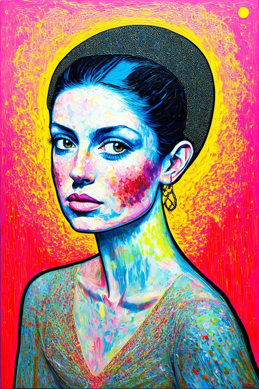 shedding the last version of yourself that can't hold what's coming; Post-Modern Celestial Pop Art with surreal elements; neon pastels on a Gustav Klimt inspired painting.