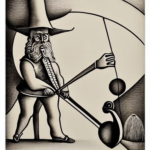 hand drawn in single line by Nicolai Blatter with hatch with parallel wavy lines metal engraving representing the Adventures of Don Quixote de la Mancha in bosch style or salvador dali style