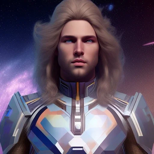 Full body ,Beautiful cosmic man, blue eyes, long blond hair, cosmic suit, galactic backdrop, soft lighting, hyper realistic, unreal engine 5, 16k