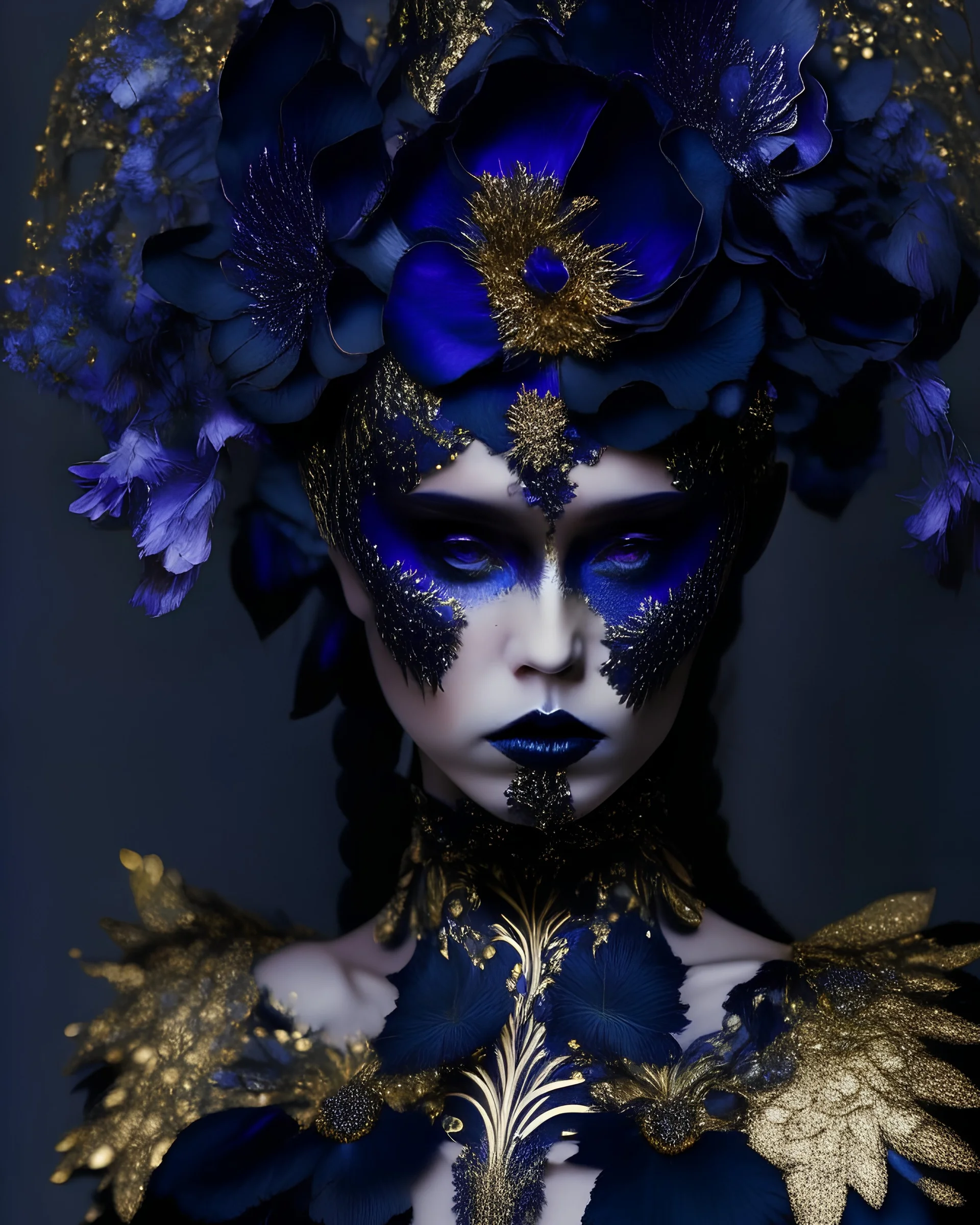 A beautiful frosty voidcore shamqnism decadent vantablack iris and gqrden pansy floral headdress adorned beautiful young woman wearing etherialism goled filigree black iris and gqrden pqnsy peatals and rdaisy and iris leaves embossed ornated costume ahd metallic filigree botanical Golden glittering hvenetian. organic bio spinal ribbed detail of metallic filigree vantablack background extremely detailed hyperrealistic maximálist concept art