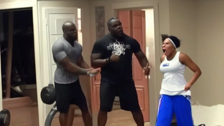 T-bone who is in his own basement working out is yelling at dumb ass black lady who's smashing her phone