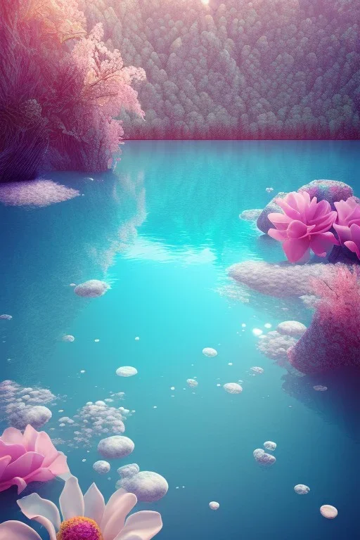 lac turquoise, rocher avec mousse, fleurs, etoile filante, cristaux blanc et rose, vray