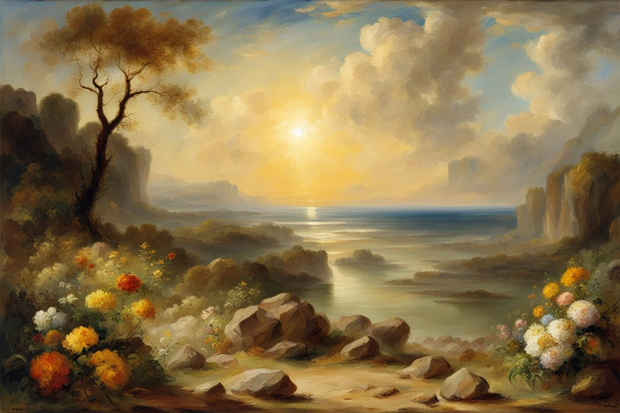 sunny day, clouds, rocks, trees, mountains, flowers, william turner paintings