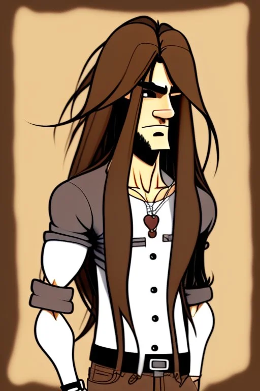 This is an illustration of a man with long hair, rendered in a cartoon style. The figure is skillfully drawn, with great attention to detail, much like a character one might find in an anime or manga. The artist used a dominant brown color palette, with a rich brown foreground and background, giving the character a warm, earthy tone. The animation style is reminiscent of a fictional character from a popular anime or manga series. The man's face and hands are slightly blurred, which adds an i