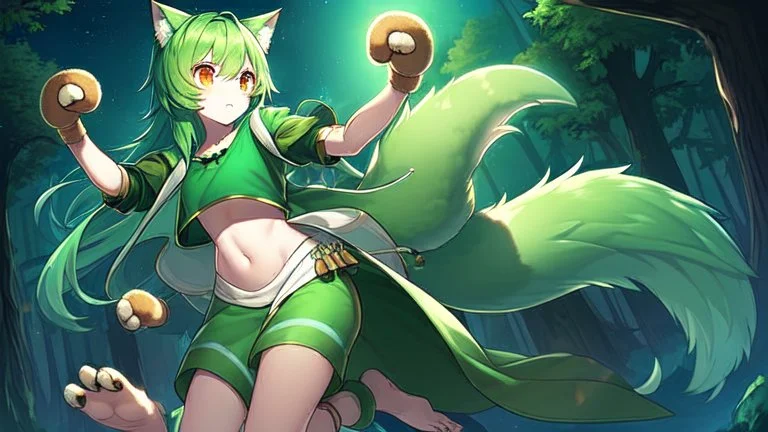 Girl, boy ,wolf muzzle, long green hair, green wolf ears,3 wolf tail, open navel, short blue shirt,animal tail, wolf paws hand, orange eyes, sword, animal fur on feet, night in forrest, wolf paws on feet