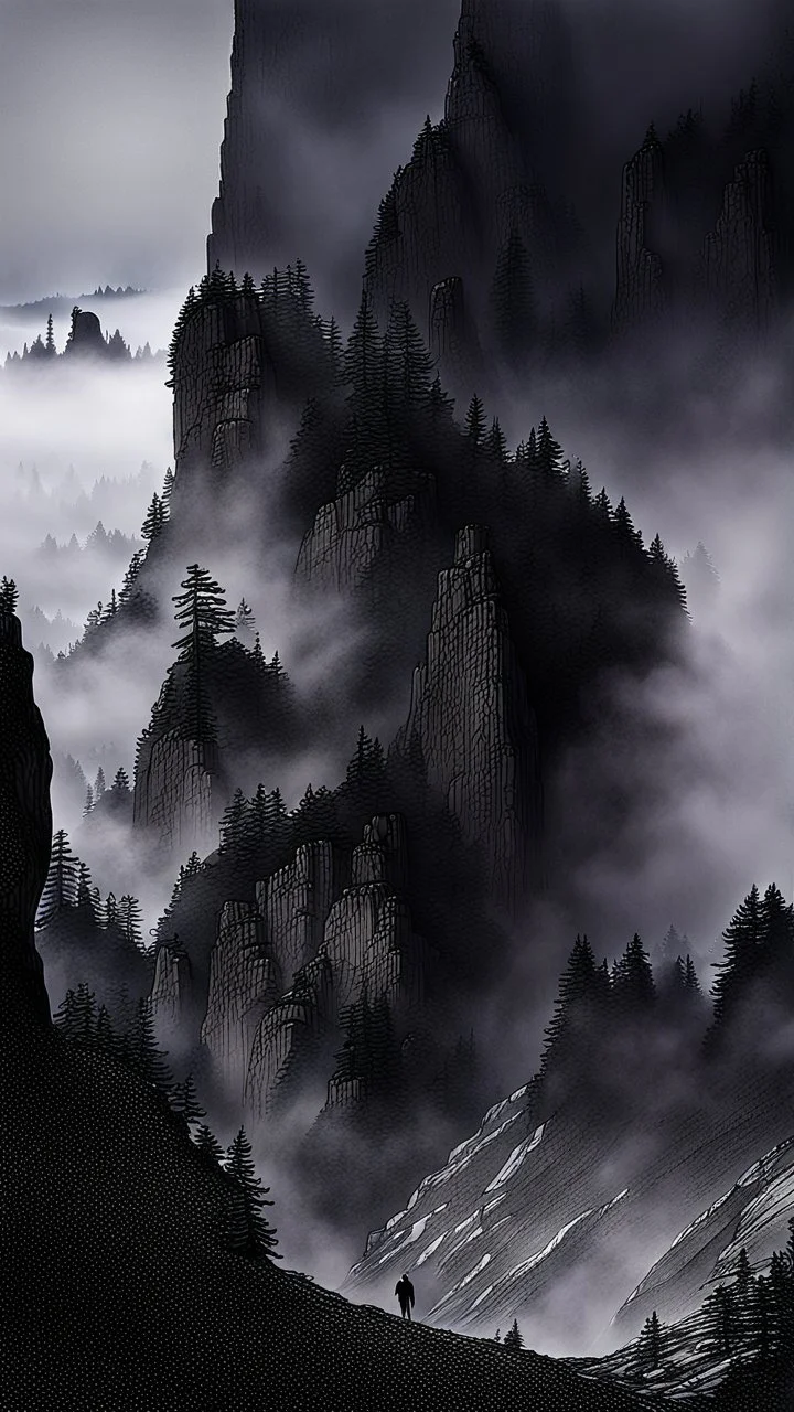 surrounded by clouds, the mountain cliff face climbs up and disappears into the mist. the fog settles over the valley and off to the sides, creating a sense of height and mystery