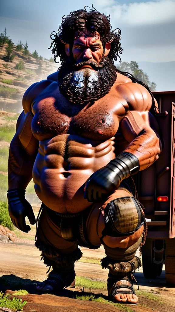 full figure shot photography of a ugly strong beefy serious sweat gipsy worker of a mining truck, 52 year old man, manly chest, long beard, long curly wet hair , sitting on a chair, mini boxer, bulge, big feets, big tights, sharp focus, street photo, intricate details, highly detailed, photorealistic, frontal view from the ground