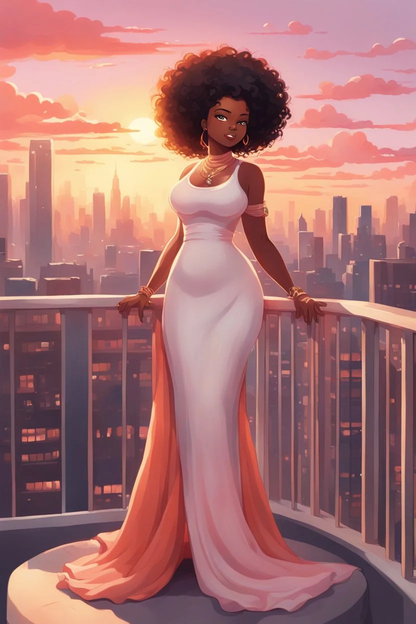 The scene opens onto a serene balcony overlooking a bustling city skyline. The sky above is painted in soft hues of orange and pink as the sun begins its descent, casting a warm glow over everything it touches. In the foreground stands a captivating figure, airbrush chibi cartoon curvy black woman exuding confidence and elegance. She is adorned in a flowing white knit maxi dress that hugs her curves in all the right places, accentuating her silhouette. Her choice of footwear is equally stunning