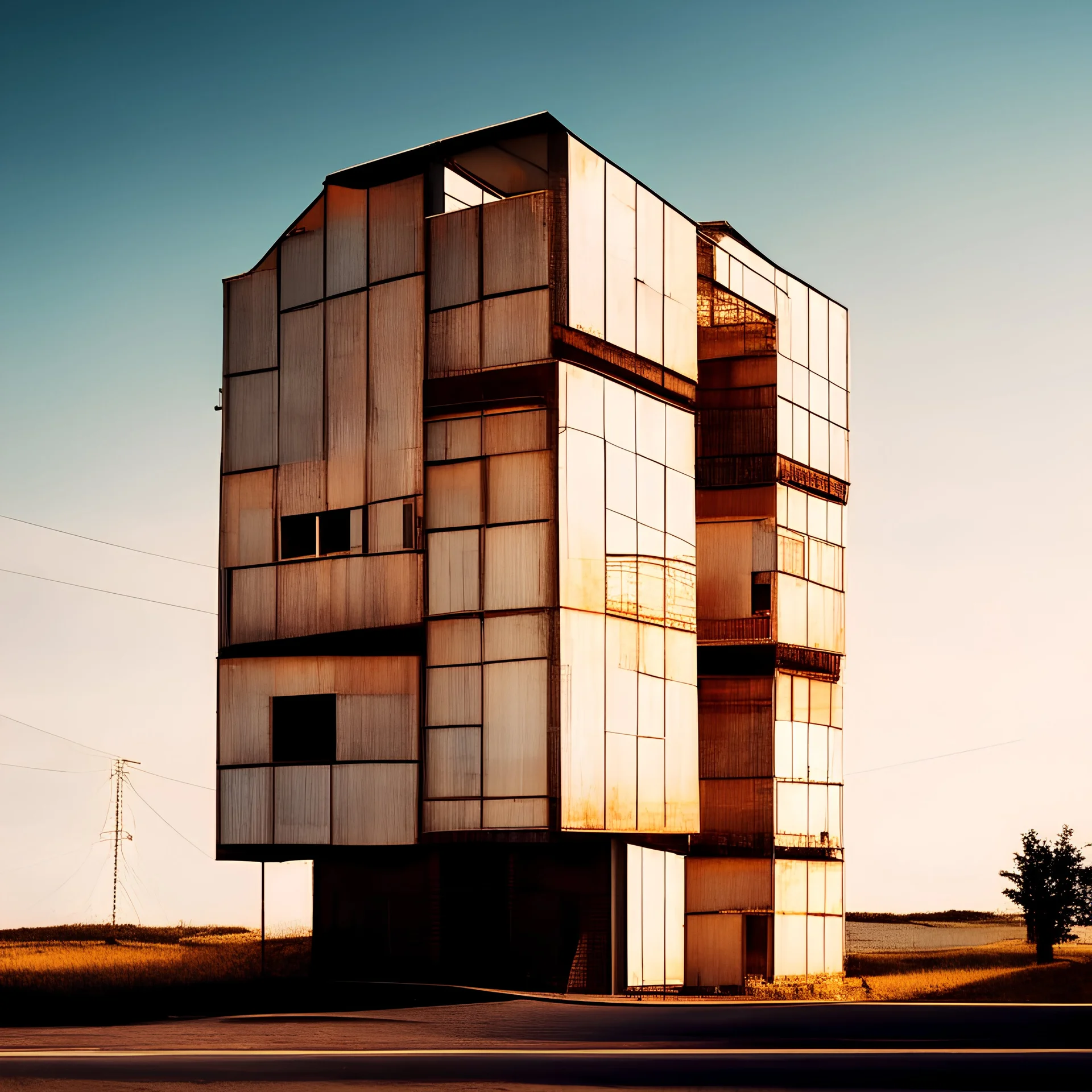 Minimalist vinyl facade with some transparent spaces and glass balconies with interlocking, sunset-alive biophilia.