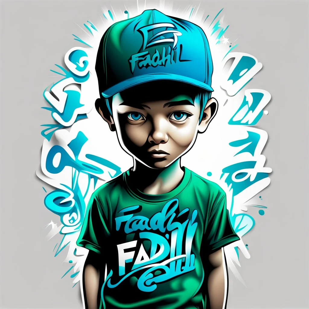 3d Vector t shirt art ready to print blue green light ograffiti illustration of A boy Indonesia and a basecap with text "fadhil" On cap, white background.