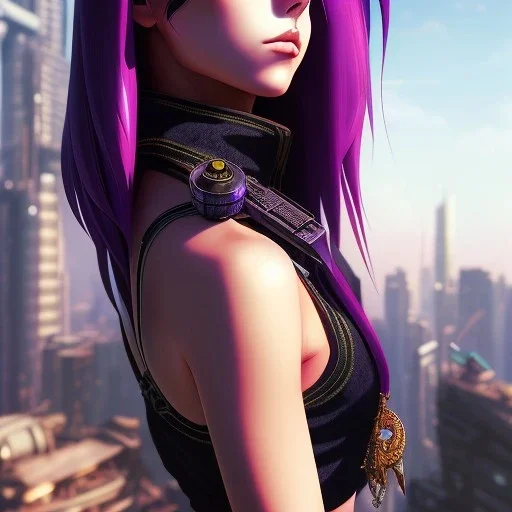 revy black lagoon, purple hair, black tank top, jean shorts, tribal sleeve left arm, portrait shinkai makoto, studio ghibli, studio key, madhouse anime studio, artgerm, lau rossdraws james jean marc simonetti pixiv