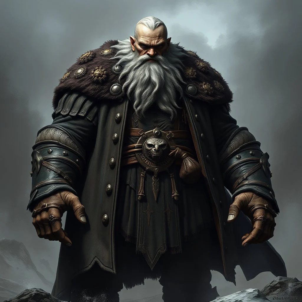 A large grey-skinned goliath nobleman with a coat renaissance fantasy grimdark realistic