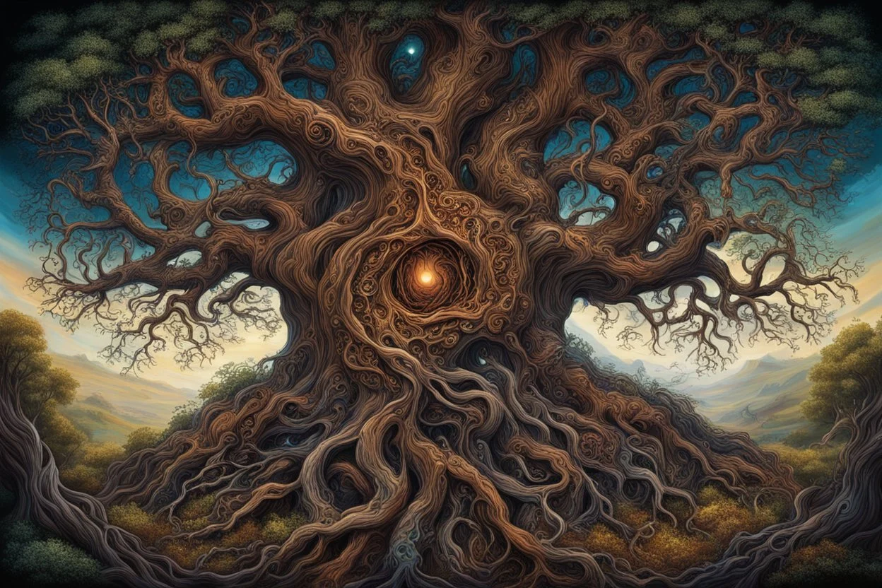 gnarled and twisted tree of life with faces and bodies crawling out of the trunk and branches, deep colour, in the multiverse