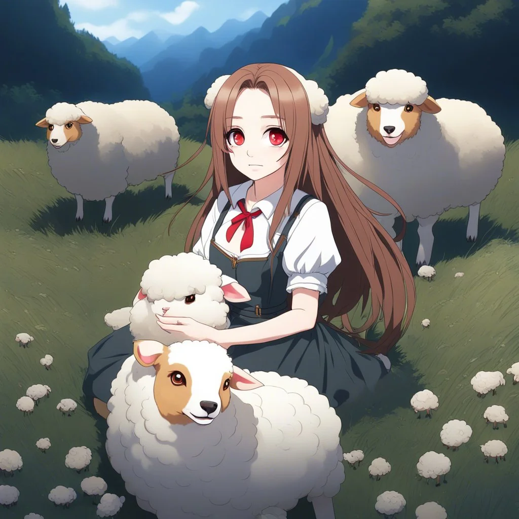 an arrogant, confident young woman with long brown hair, red eyes, pale skin, corgi ears and tail, anime style, sheep in a field for the background, intricately detailed, high definition, 4k, photorealistic