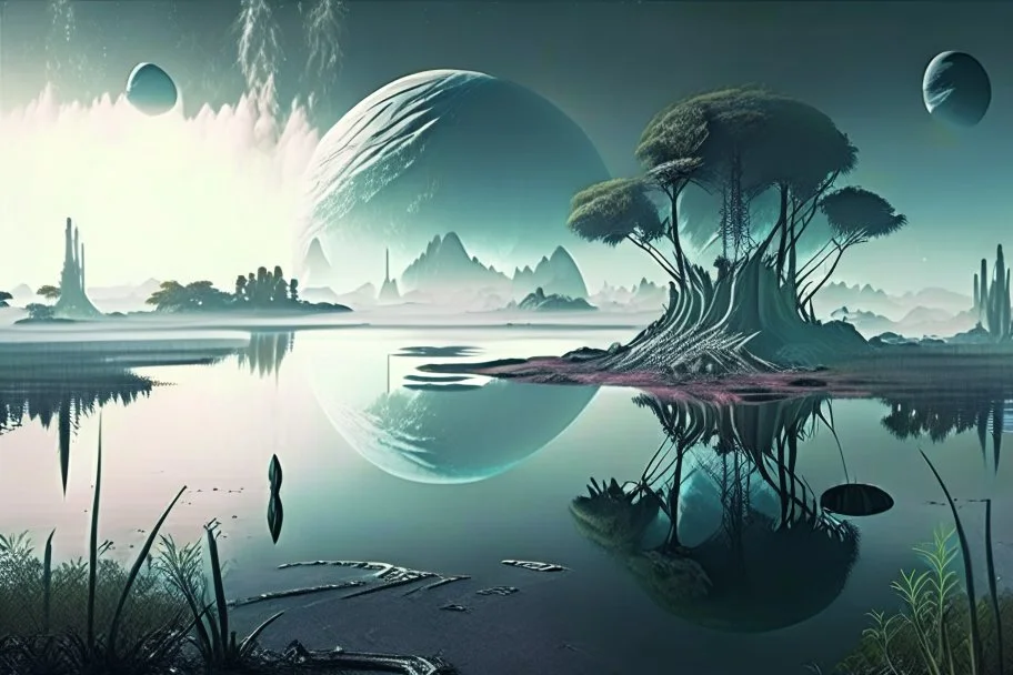 Alien landscape with grey exoplanet in the sky, Lagoon reflection, vegetation, sci-fi, concept art, movie poster, cinematic