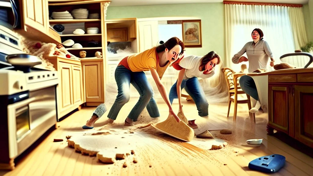 woman on the phone while husband pours baking flour all over the the floors and throw rug looking for make believe invisible tabletops