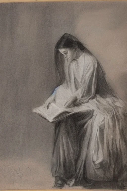 Pencil sketch of Young woman, Arab features,sad, long wavy hair, reading a book, full body، on lined paper