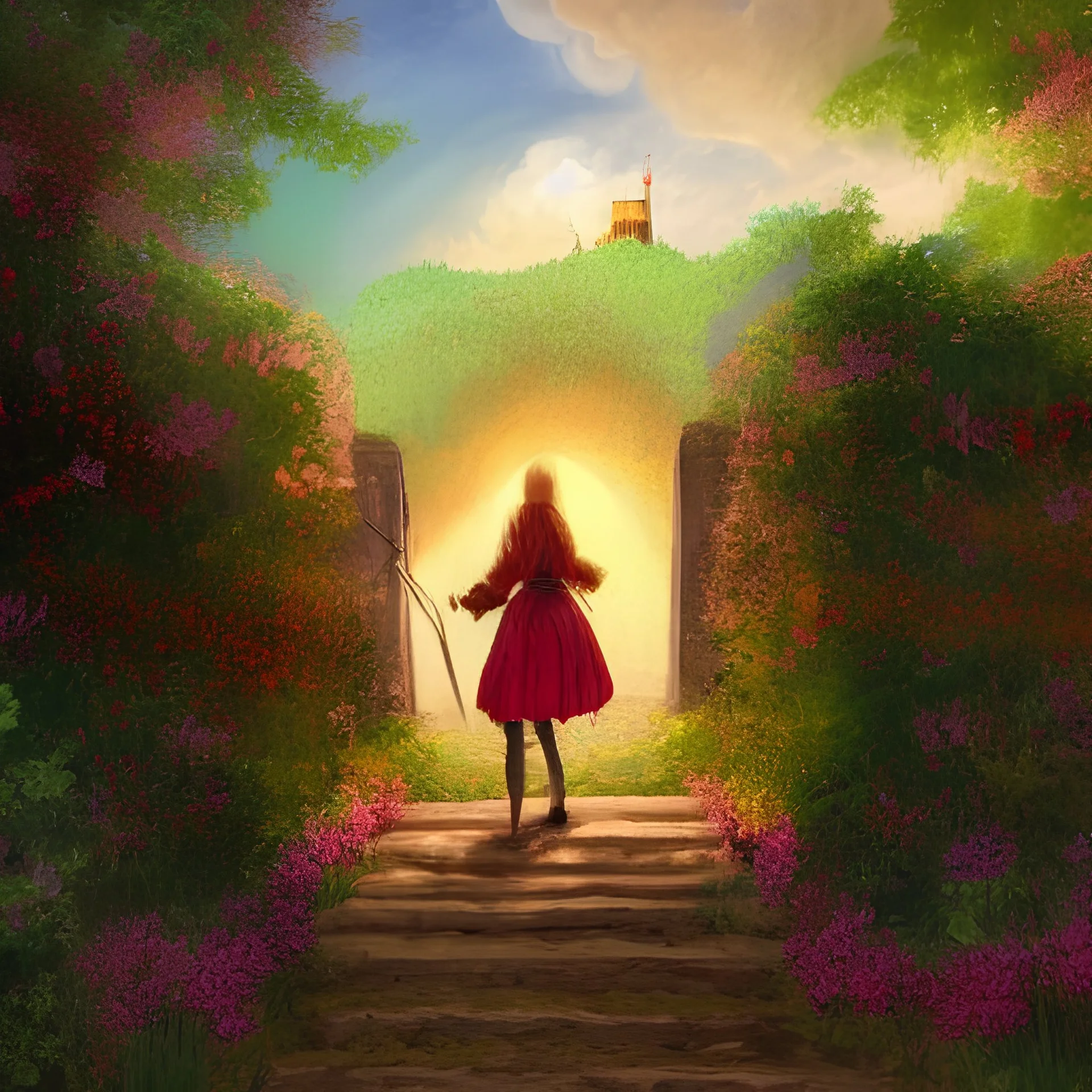  Castle into sky, with flowers of fire. Green clouds and birds. Shy girl going out of the main gate. Detailed painting, sharp color, medieval, intricate detail, far sceen, realistic colors, medieval concept art. spring.