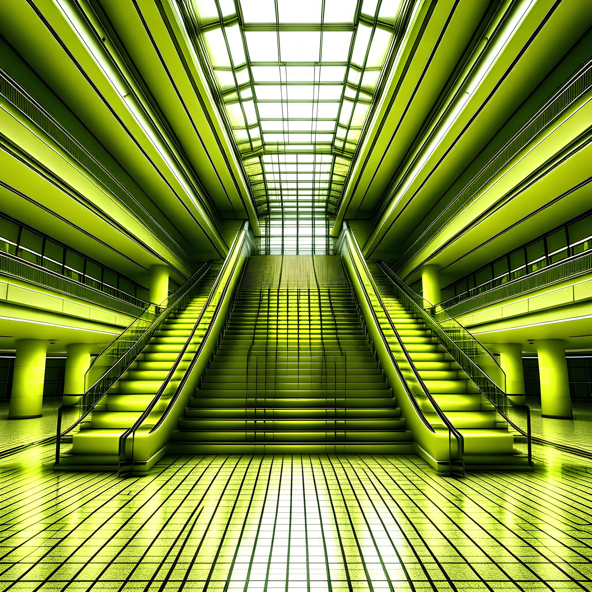 side by side escalators in an empty shopping mall liminal space lots of muted color