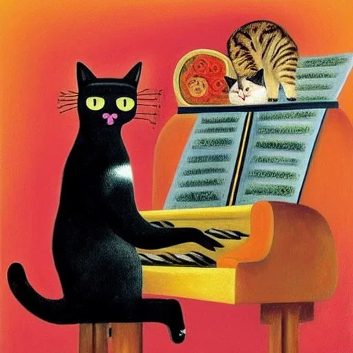 cat playing piano in style of frida kahlo painting