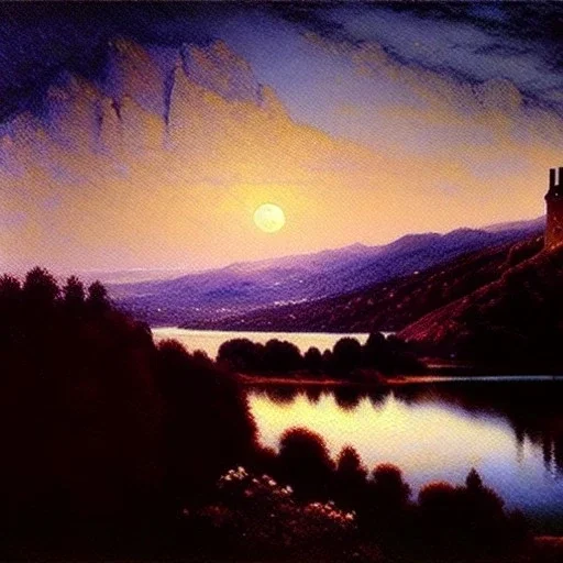 Drawing of 'Medieval Romanian Castle',mountain,lake,full moon, by gaston bussiere, greg rutkowski, yoji shinkawa, yoshitaka amano, tsutomu nihei, donato giancola, tim hildebrandt, oil on canvas, cinematic composition, extreme detail,fit full head inside picture,16k