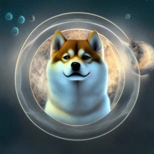 shiba inu doge, ethereal orbs, antarctica, moonscape