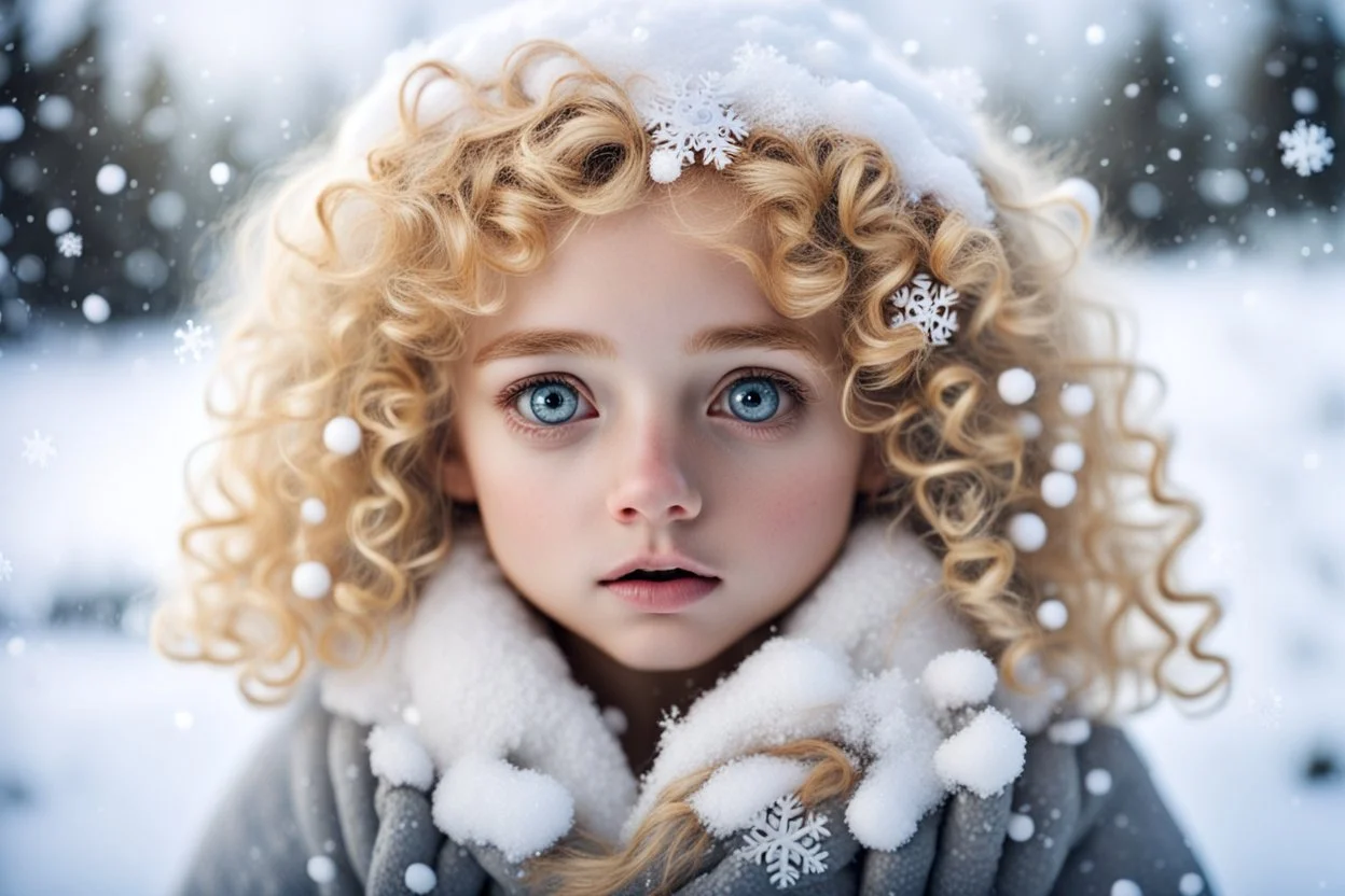 Lonely orphan with big innocent eyes and curly blonde hair and snowflakes in her hair. Lots of big snowflakes. Snowy landscape.