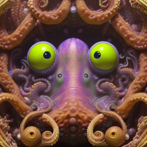 pixar style, volumetric sunken temple environment and background, realistic painting of a octopus, looking excited, detailed digital painting, extreme dense and fine fur, anime, ornate, colour-washed colors, elegant, small minutiae, tiny features, particulars, centered, smooth, sharp focus, renderman gofur render, 8k, uhd, detailed eyes, realistic shaded volumetric lighting, sunlight caustics, backlight, centered camera view